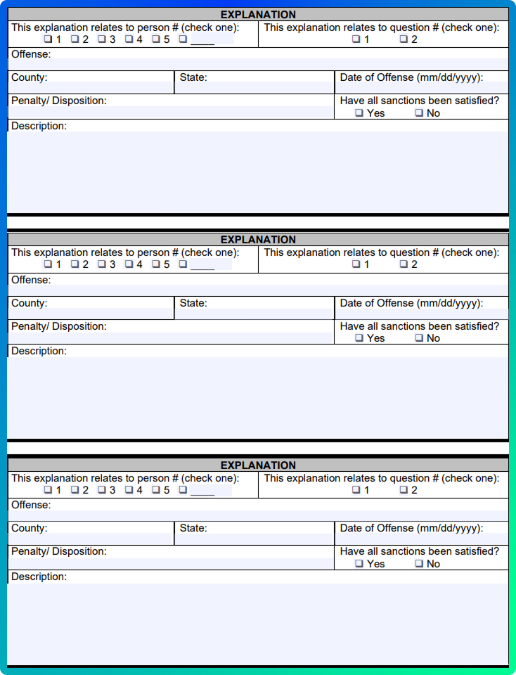 Repeatable Explanation sections in a contractor license application